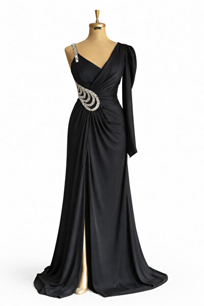 STARLİFE KADIN ABİYE TEK OMUZ TAŞ AKSESAUR DETAYLI YIRTMAÇLI ŞIK DAVET ELBİSESİ