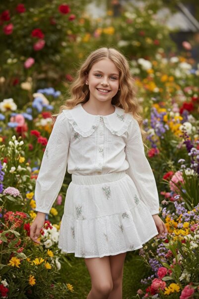 Hirazenmoda Rochie pentru fete brodat cu broderie, de vară, cu mânecă lungă, ...