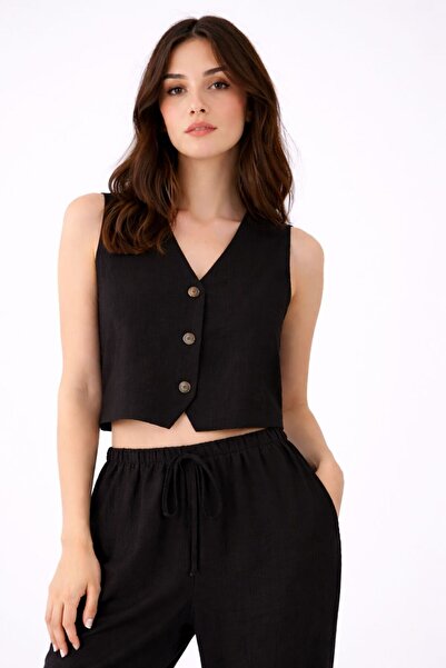 Lotus Kadın Yazlık Keten Görünümlü Yelek Pantolon Rahat Kesim İkili Takım