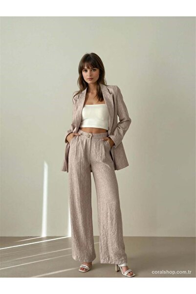 Coral 6015 Glittery Striped Trouser Set Brown