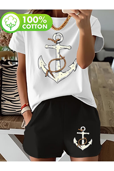 LAVİTTA Unisex Printed white t-shirt black shorts knitted top and bottom set