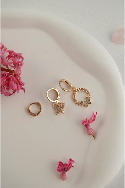 Sacce Scarves&Accessories Minimal Hoop Earring Set with Butterfly Figure – 3-Piece Combination Earrings with Zircon Stones