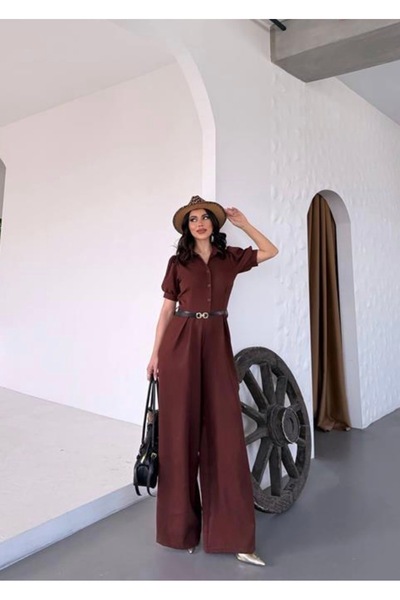 DİĞER1111 Gömlek Yaka Kemerli Geniş Paça Tulum