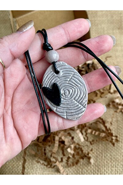 zeinapp Handmade ceramic porcelain necklace with tree bark and heart detail d...