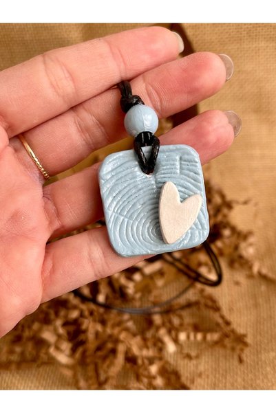 zeinapp Tree Bark and Heart Detailed Design Handmade Ceramic Porcelain Necklace