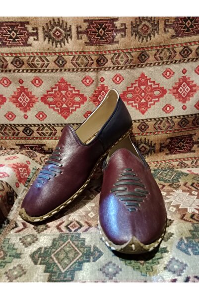 Mekapçı İhsan Erkek Yemeni/Çarık Bordo Lacivert Çift Renk Etnik Desenli Hakik...