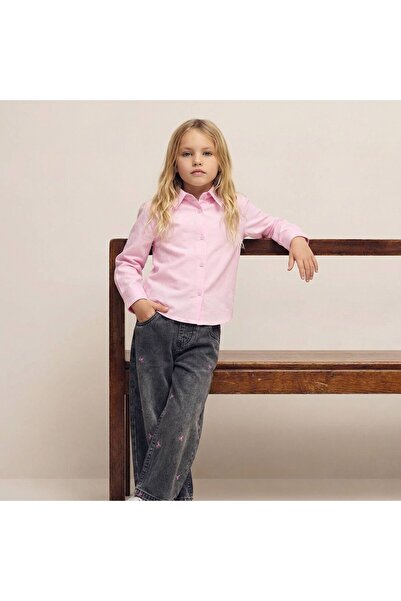 Motebarn Wear Cămașă roz pentru fete, cu broderie, detaliată, pantaloni din d...