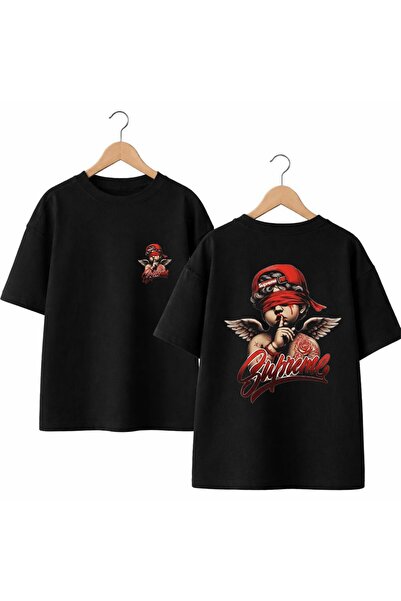 playwear تي شيرت Angel Wing للظهر والصدر مطبوع %100 قطن كبير الحجم وفضفاض ومق...