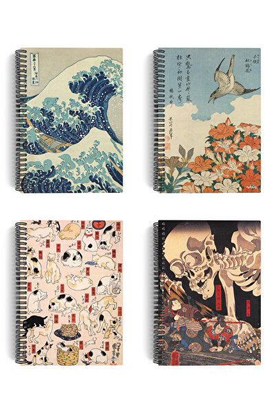 miosho Hokusai ve Kuniyoshi 4'lü Defter Seti | Spiralli Defter 18 | A5 | Çizg...