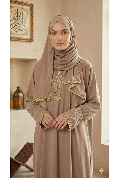 Maison Emarat Prayer Dress/ Namazi with Lace Trim Detailing & Attached Sheila