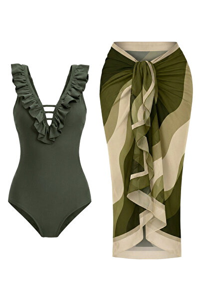 CUPSEA Slimming Effect Ruffled Front Khaki Swimsuit Wave Pattern Pareo Set of 2