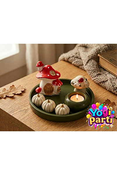 Yogi parti El Yapımı Alçı Tasarım Mantar Ev ve Balkabağı Dekoratif Sunum Seti...