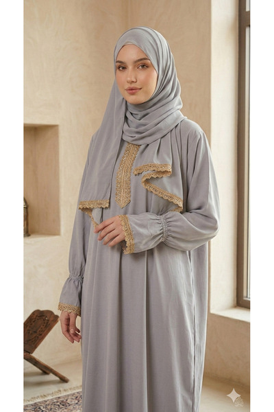 Maison Emarat Prayer Dress/ Namazi with Lace Trim Detailing & Attached Sheila