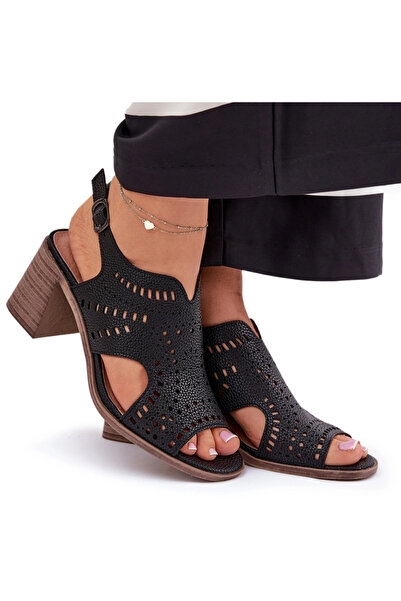 BOTO Sandale perforate pentru femei cu toc negru, Tosine, mărimea 39