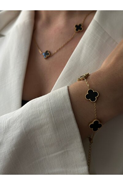MODA 316l Çelik Siyah Yonca Kolye Ve Bileklik Seti Çift Taraflı Kolye Ve Bile...