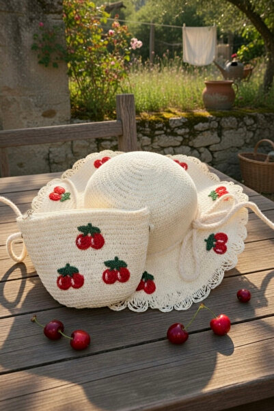 Mollycrush Girl's Cherry Figured Gift Wicker Set |   Cream Hat and Bag Set