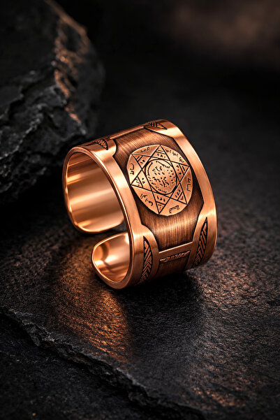 İyyaKee Erkek Kadın Bakır Yüzük Süleyman Mührü İşlemeli Desenli Bakır Yüzük