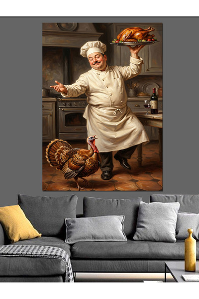 Artmeg Tablou decorativ din pânză cu bucătarul fericit și curcanul - Masă din...