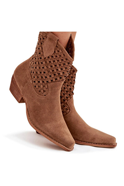 BOTO Openwork High Heel Ankle Boots by Ferissa Camel 38