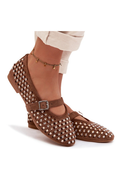 BOTO Balerine ajurate pentru femei cu strasuri și bareta maro Wilvessa 36