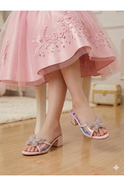 pediashoes KIZ ÇOCUK PUDRA PEMBESİ ŞEFFAF RAHAT KARE TOPUKLU ŞIK ABİYE TERLİK