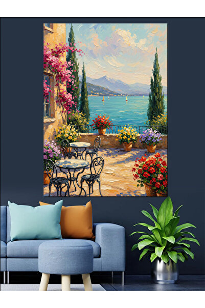 Artmeg Deniz Manzaralı Çiçekli Balkon Tablosu Dekoratif Kanvas - Mdf Ahşap Tablo