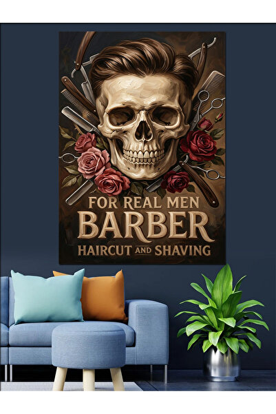 Artmeg Pânză decorativă cu design cu craniu și semn de frizerie - Tablou din ...