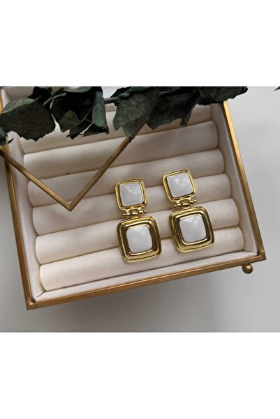 Altın Kaplama Gold Detaylı İkili Kare Taşlı Sallantılı Vintage Küpe