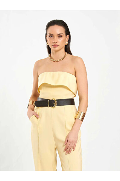 BIGNUANCE Yellow Strapless Belted Wide-Leg Jumpsuit Casual Comfortable and St...