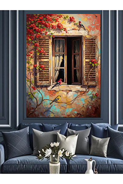 Tablo Mega Çiçekli Pencere Ve Kırmızı Kuş Dekoratif Kanvas - Mdf Ahşap Tablo