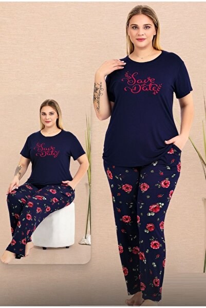 by İGP Navy Blue Floral Short Sleeve Plus Size Pajama Set