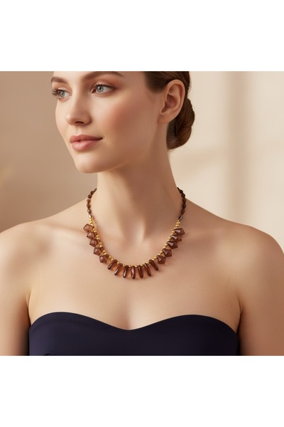 COCOSH TAKI Brown Beaded Gold Detailed Elegant Design Necklace