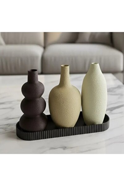 DEKORATEX Tepsili 3'lü Bulanık Yüzey temalı 3D Dekoratif ve Hediyelik Vazo seti