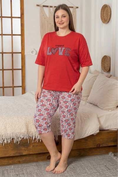 Farya Home Büyük Beden Pamuklu Desenli Kısa Kollu Bermuda Kapri Pijama Takımı