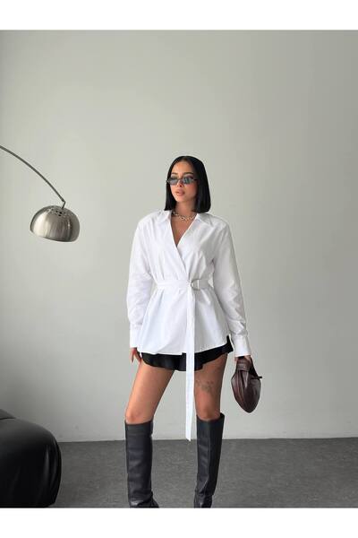 NET Boutique BEYAZ KEMERLİ POPLİN KUMAŞ GÖMLEK