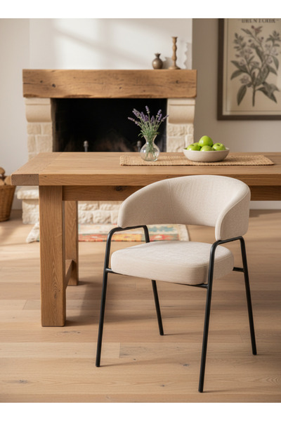 MARIA HOMES Light Beige Armchair with Black Metal Legs, 78x47x50 CM