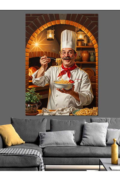 Artmeg Tablou decorativ din pânză cu bucătar ținând o farfurie cu paste în mâ...