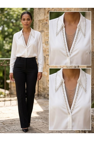 Rabiossa Kadın Taşlı Yaka İşleme Detaylı Gömlek