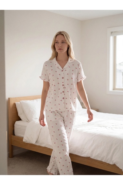 Sohadid Women's Floral Printed Cotton Piece Soft Fabric Buttoned Pajama Set
