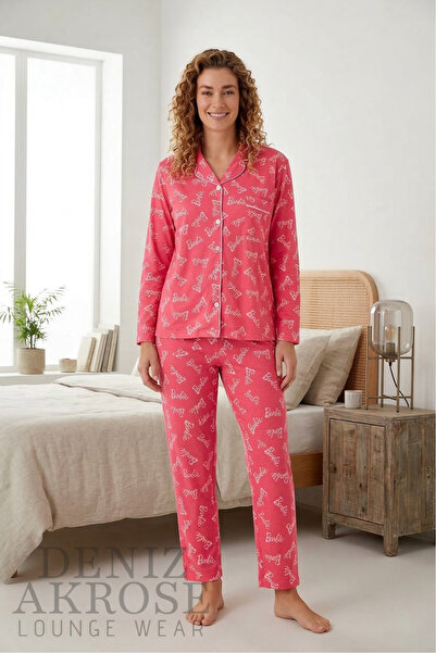 DENIZ AKROSE Kadın Barbie Desenli Düğmeli Süet Pijama Takımı - Soft Dokulu Lü...