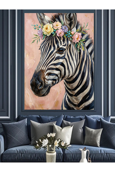 Artmeg Başında Çiçek Tacı Olan Zebra Dekoratif Kanvas - Mdf Ahşap Tablo