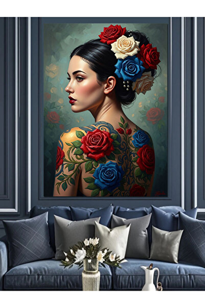 Artmeg Femeie asiatică cu flori și tatuaj pe spate - Pânză decorativă - Masă ...