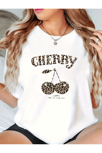 gencerco Μπλουζάκι Cherry Yazılı Με λεοπάρ τύπωμα Premium oversized