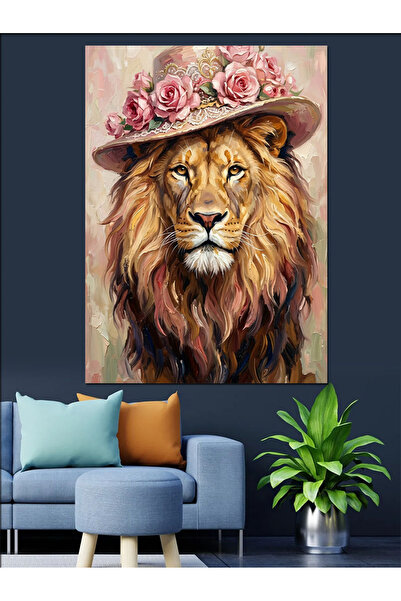 Artmeg Elegant Portrait of a Lion with a Floral Hat Decorative Canvas - Mdf W...