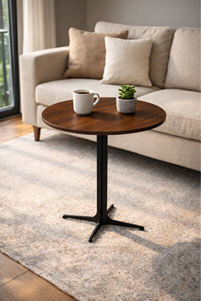 MARIA HOMES Beige Round Coffee Table with Black Base, 70x70x75 CM