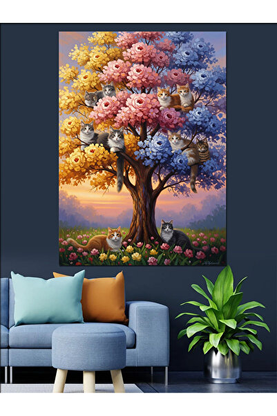 Artmeg Pânză decorativă cu copac colorat și pisici - Tablou din lemn MDF