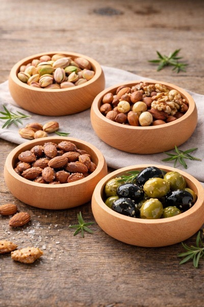 HBS Art Design Set of 4 Beech Wood Snack Bowls - 12 cm Round Presentation Bowl