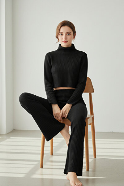 modi Women's Black Ribbed Tracksuit Set – Crop Long Sleeve Top & Pants, Styli...