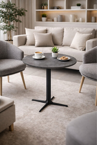 MARIA HOMES Modern Grey Round Coffee Table with Black Base, 70x70x75 CM
