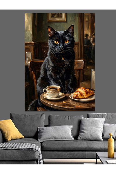 Artmeg Pisică neagră așezată la masă și pânză decorativă cu cafea - Masă din ...